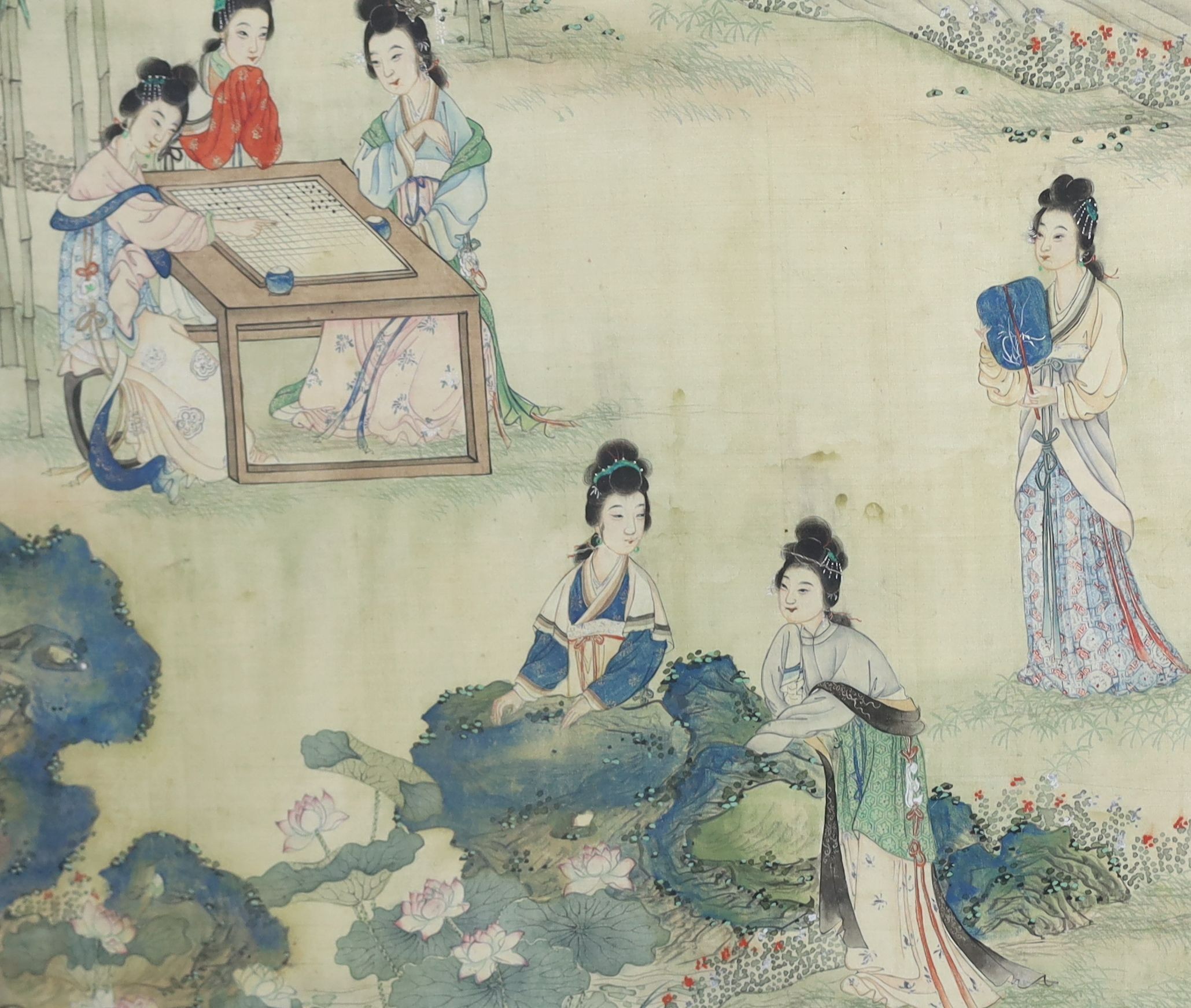 A pair of Chinese silk paintings of ladies in gardens, 19th century, Image 77cm x 41.5cm